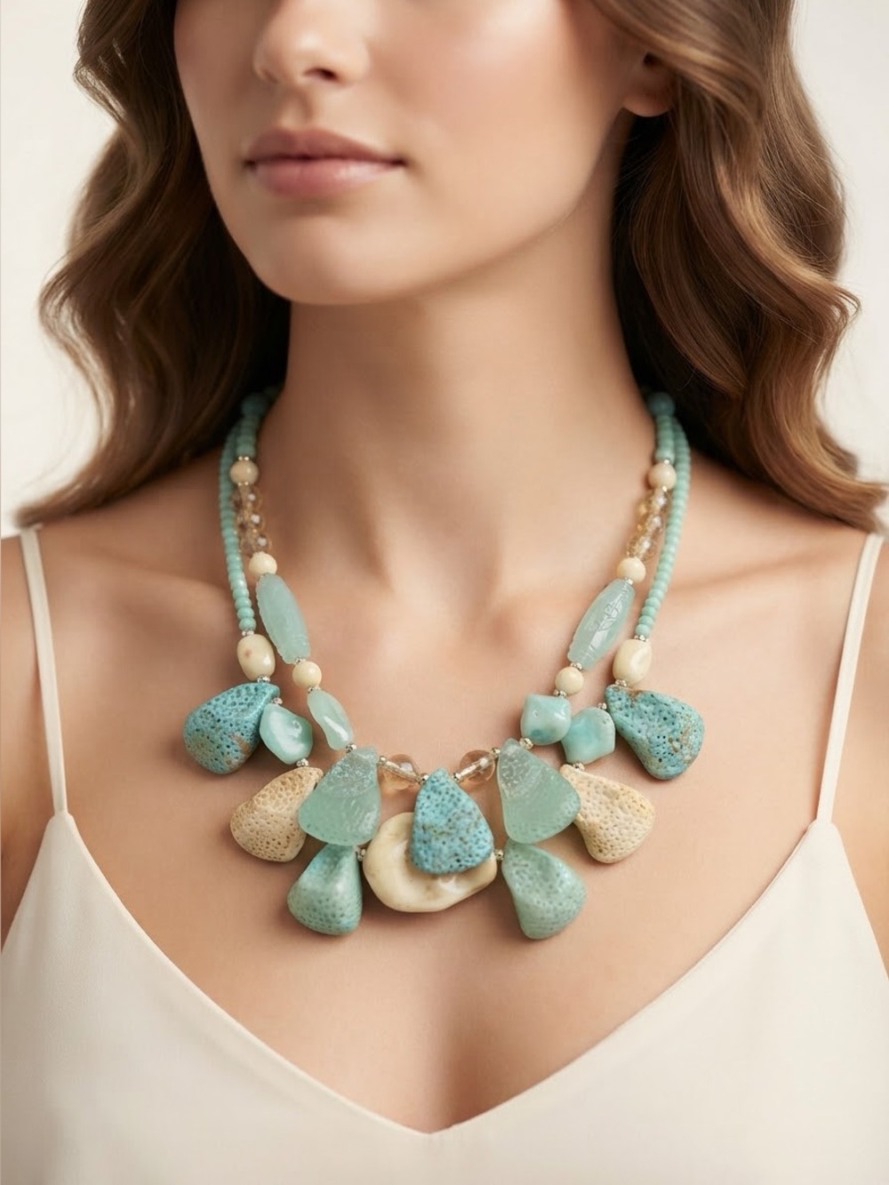 Turquoise Cream Multi-Strand Bib Necklace | Boho Sea Glass Statement Jewelry